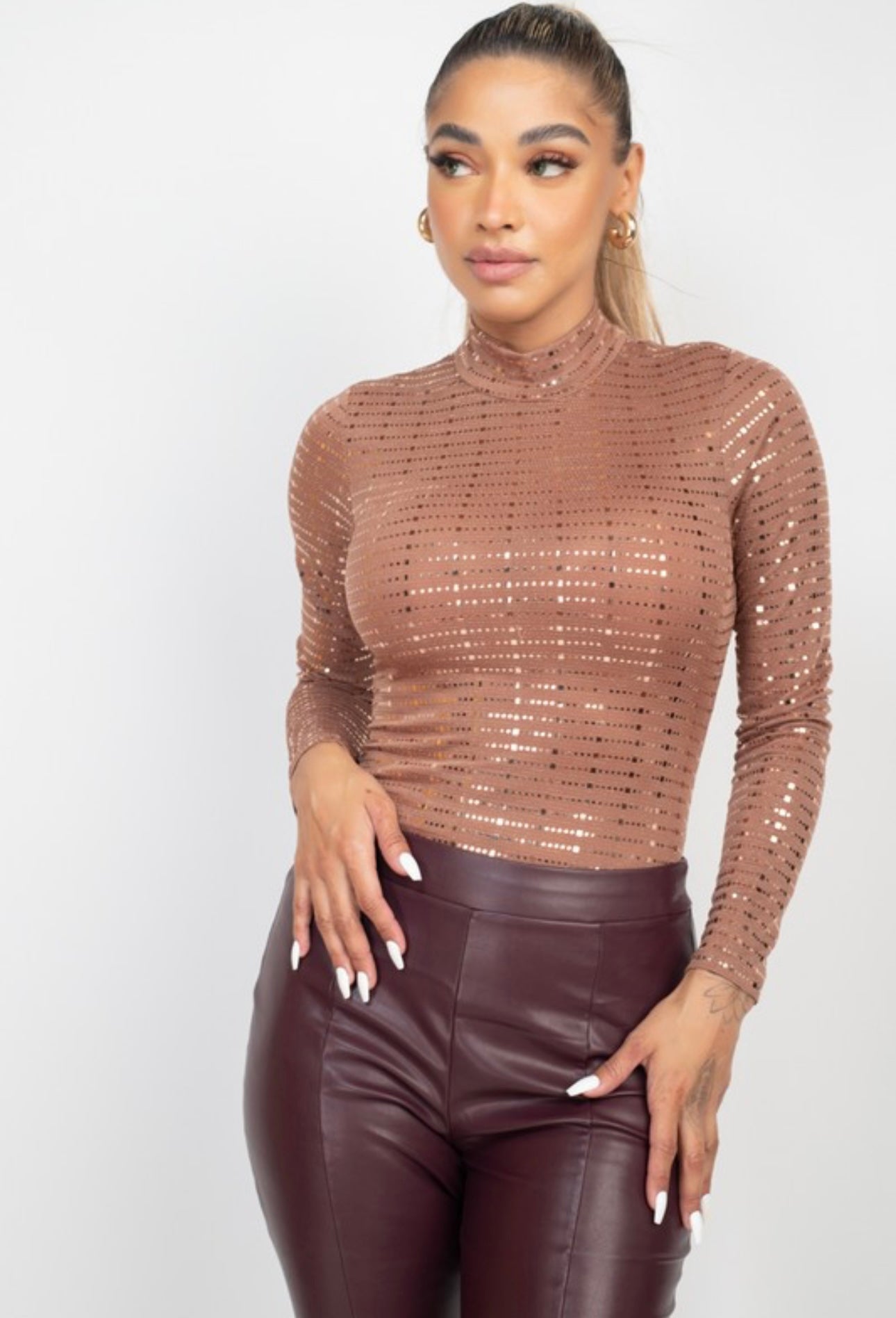 Long Sleeve Sheer Mesh Studded Bodysuit