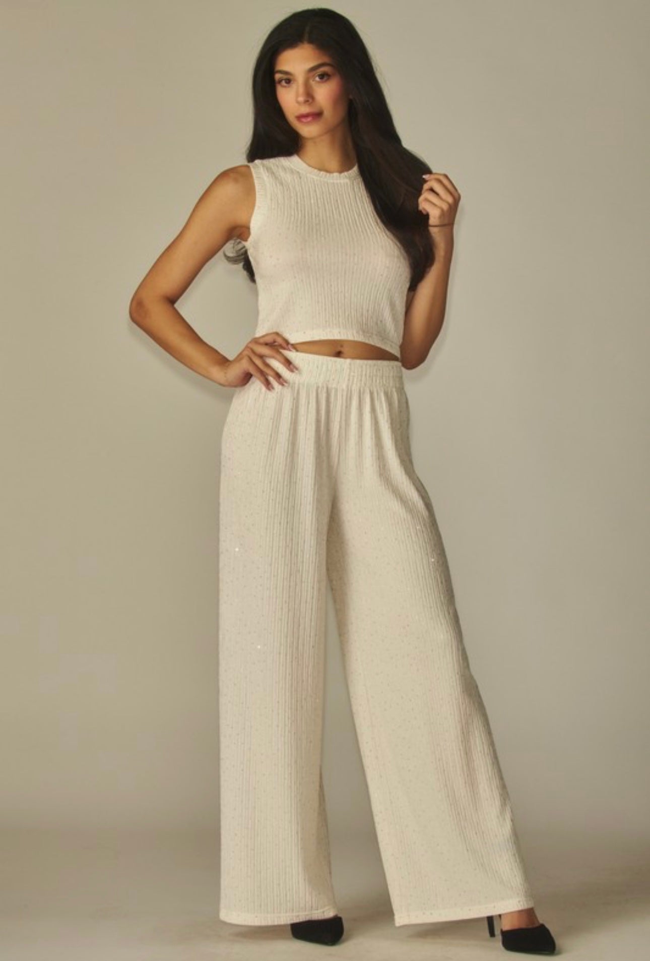 Crinkled Rhinestone Crop Pants Set
