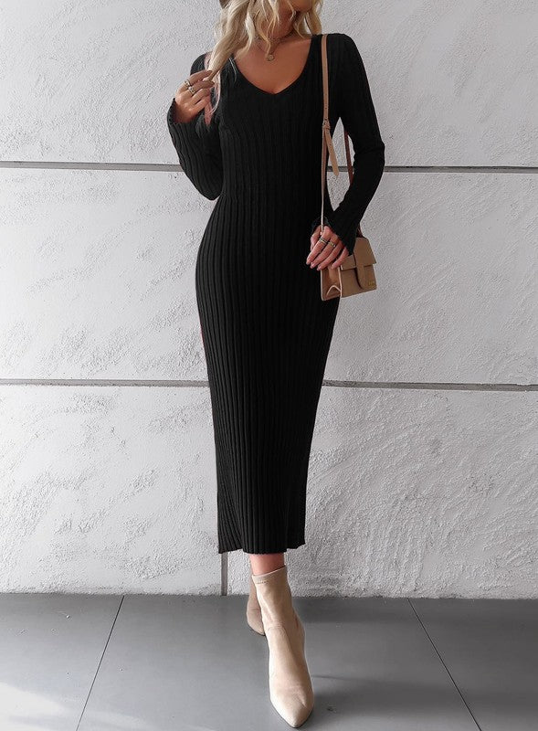 AMARI Ribbed long sleeve midi dress