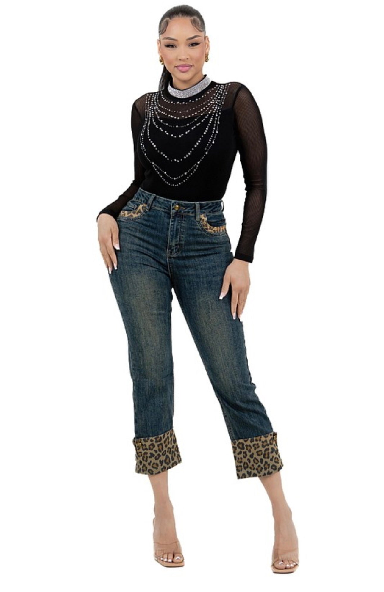 Sheer Mesh Rhinestone  Top