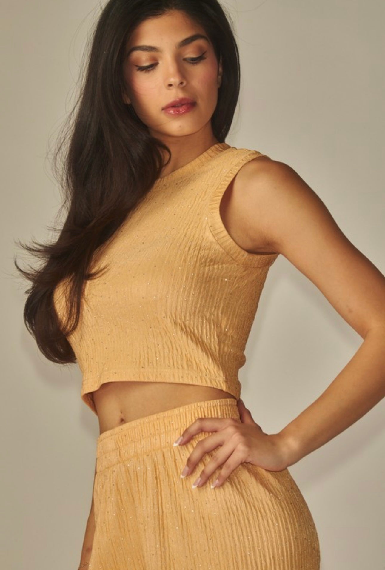 Crinkled Rhinestone Crop Pants Set