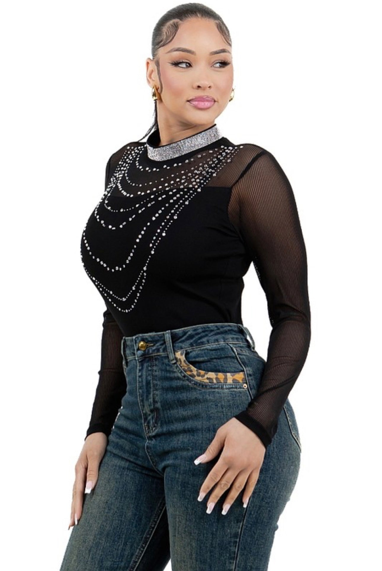 Sheer Mesh Rhinestone  Top