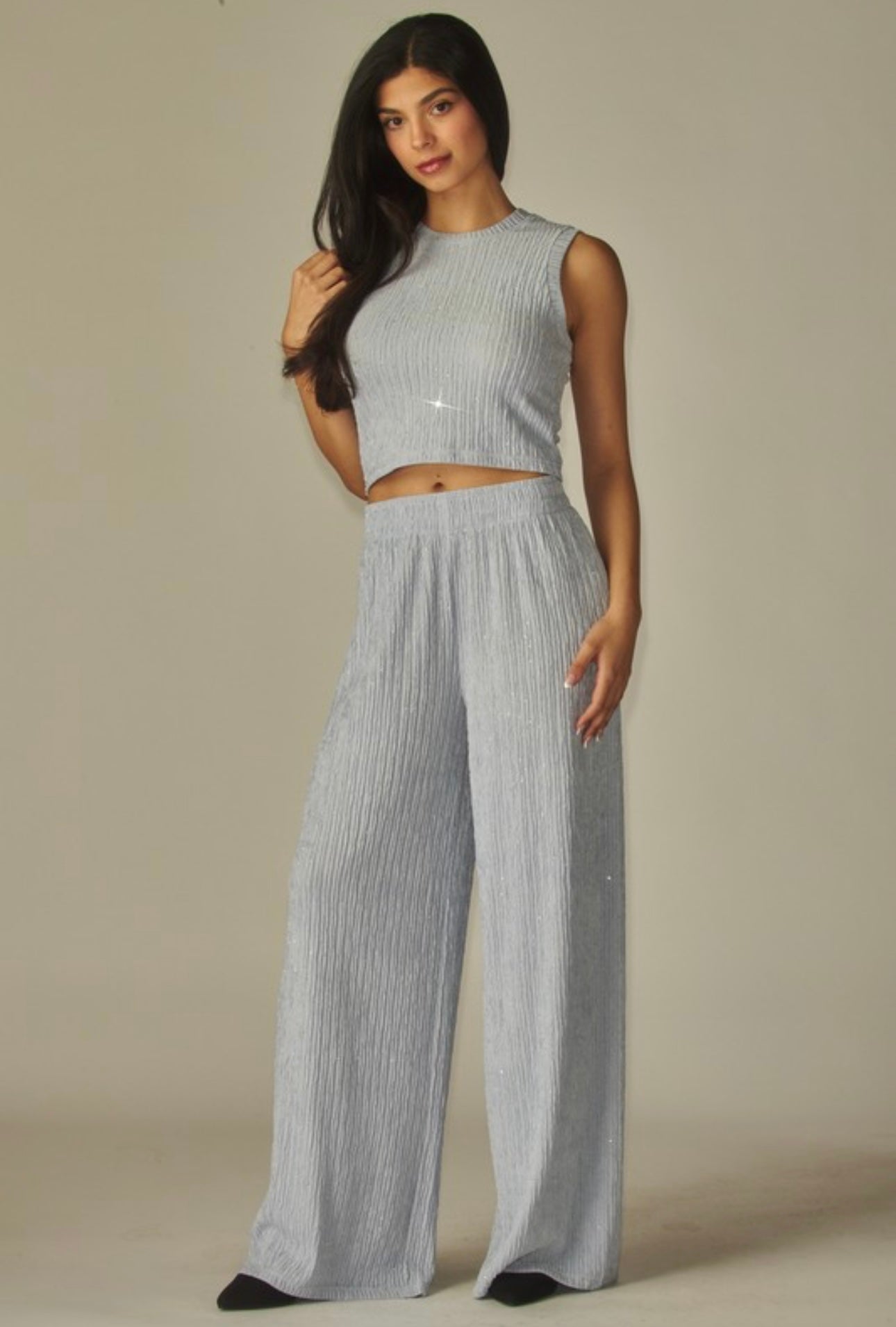 Crinkled Rhinestone Crop Pants Set