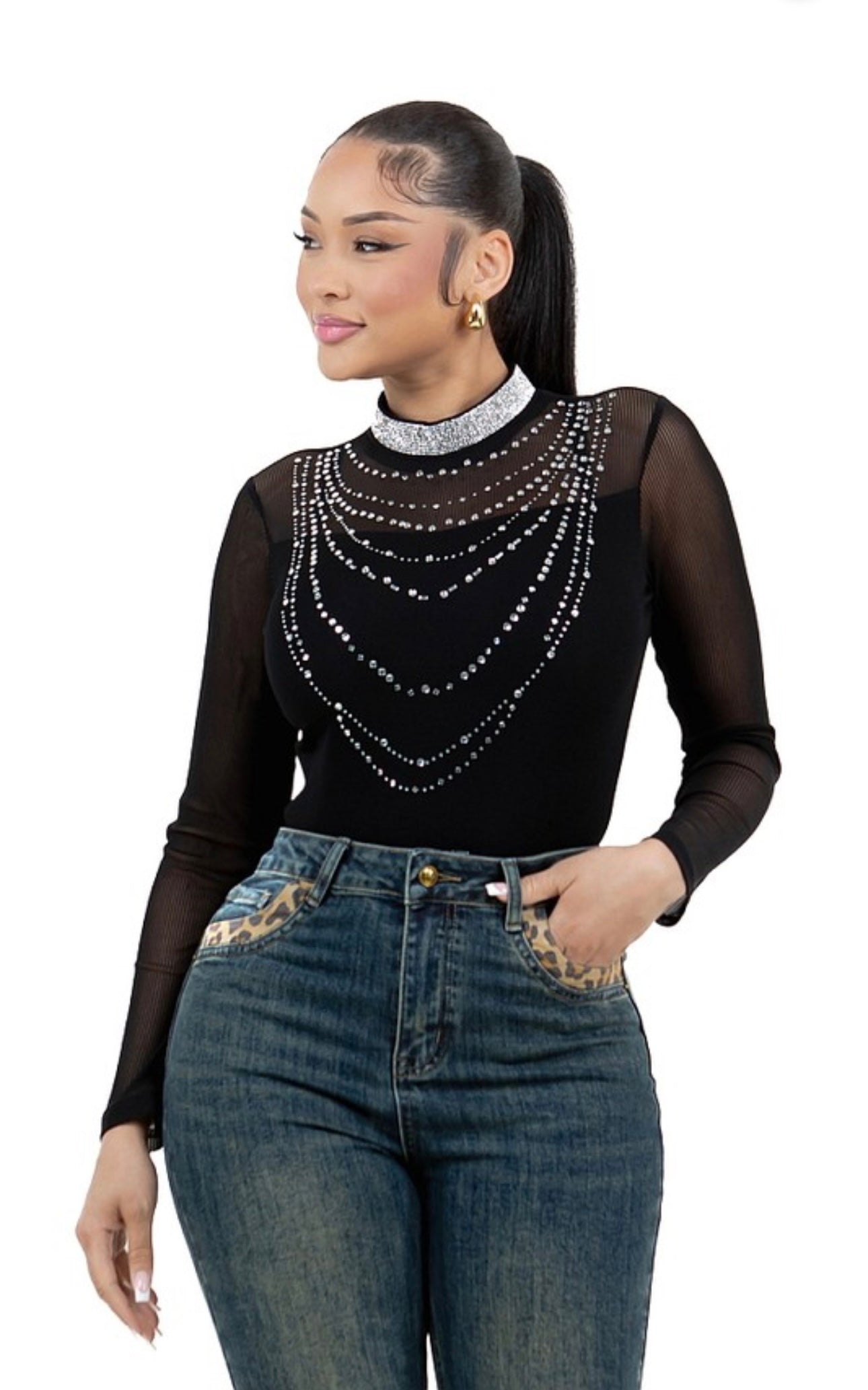 Sheer Mesh Rhinestone  Top