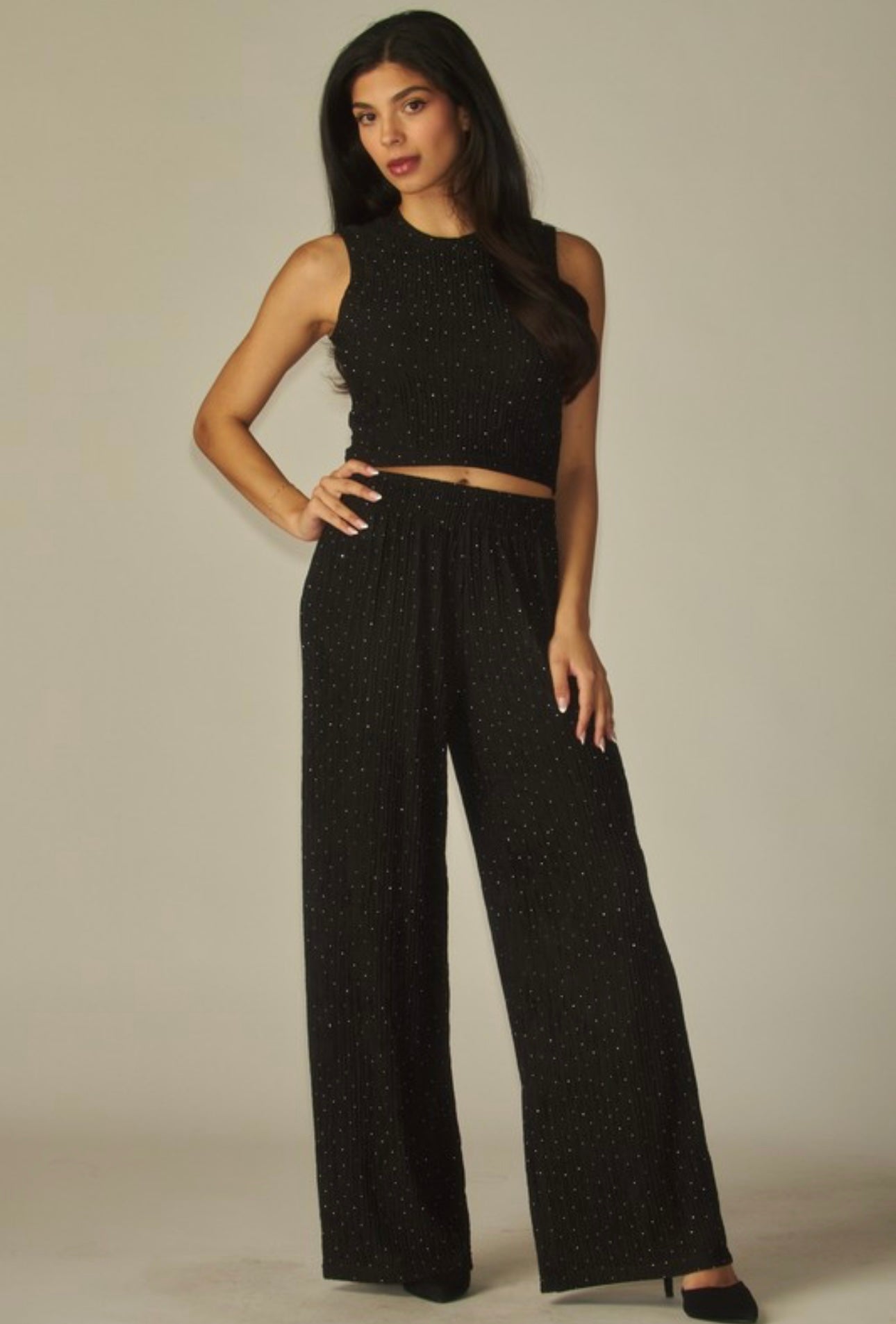 Crinkled Rhinestone Crop Pants Set