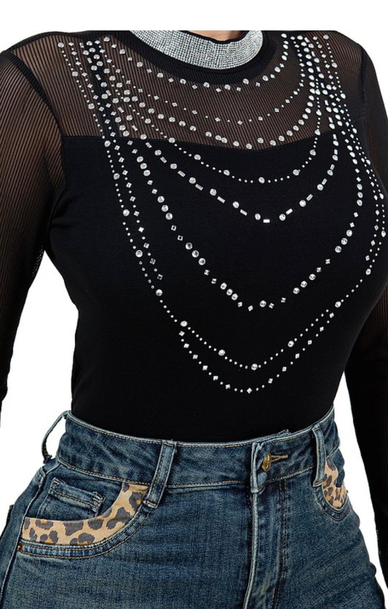 Sheer Mesh Rhinestone  Top