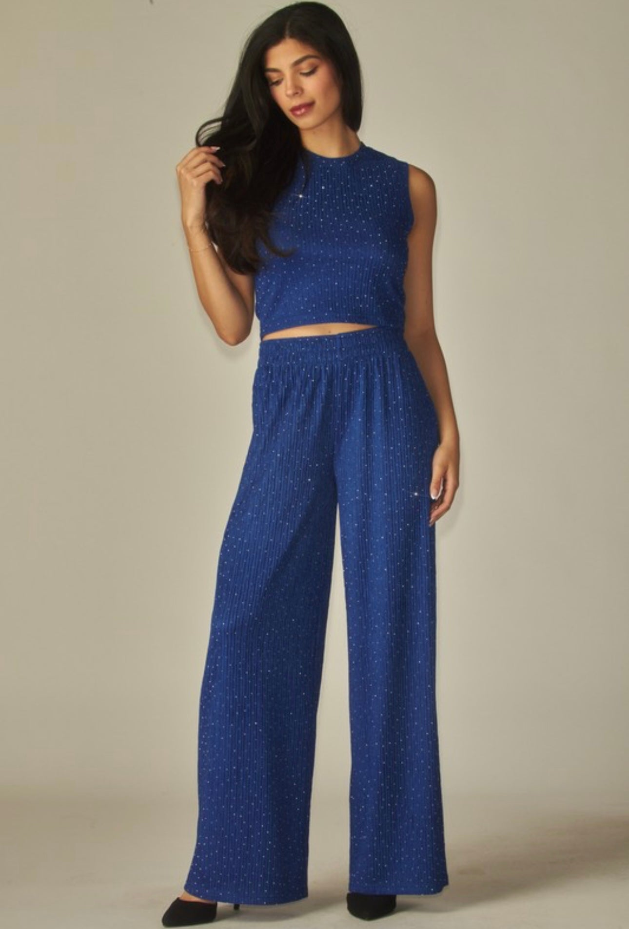 Crinkled Rhinestone Crop Pants Set