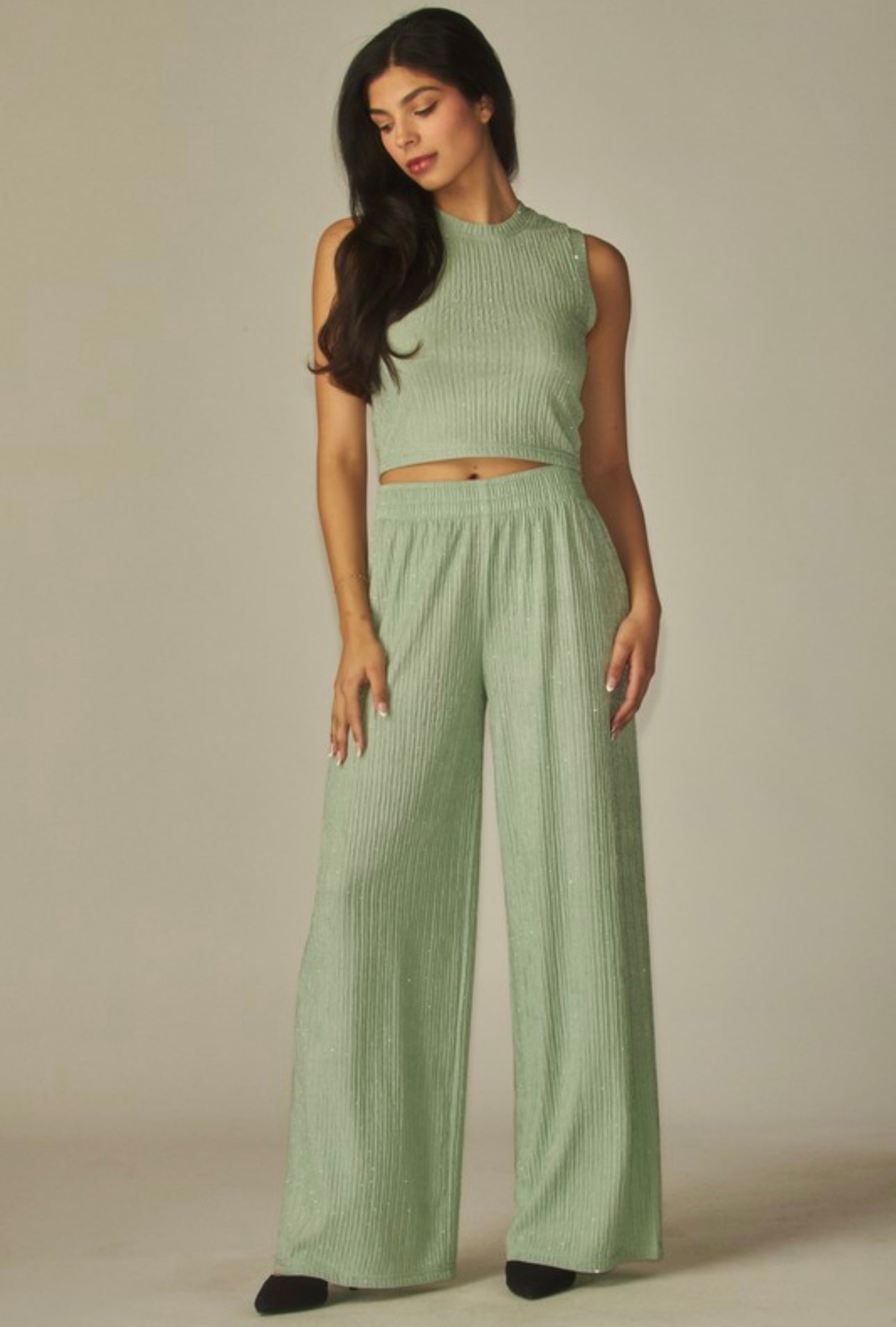 Crinkled Rhinestone Crop Pants Set
